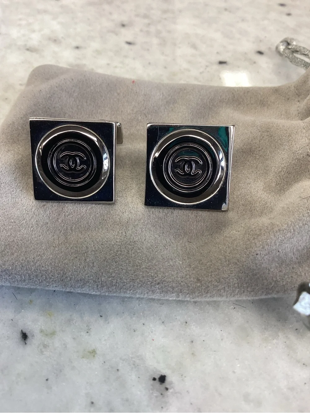 CHANEL Silver-Tone Square Double-C Logo Cufflinks